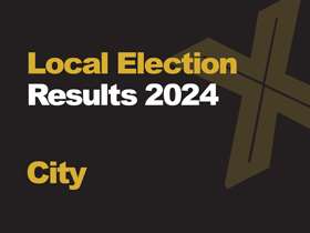 A black background with a light brown X, written across it is Local Election in green with results 2024 in white, underneath that is written City in green